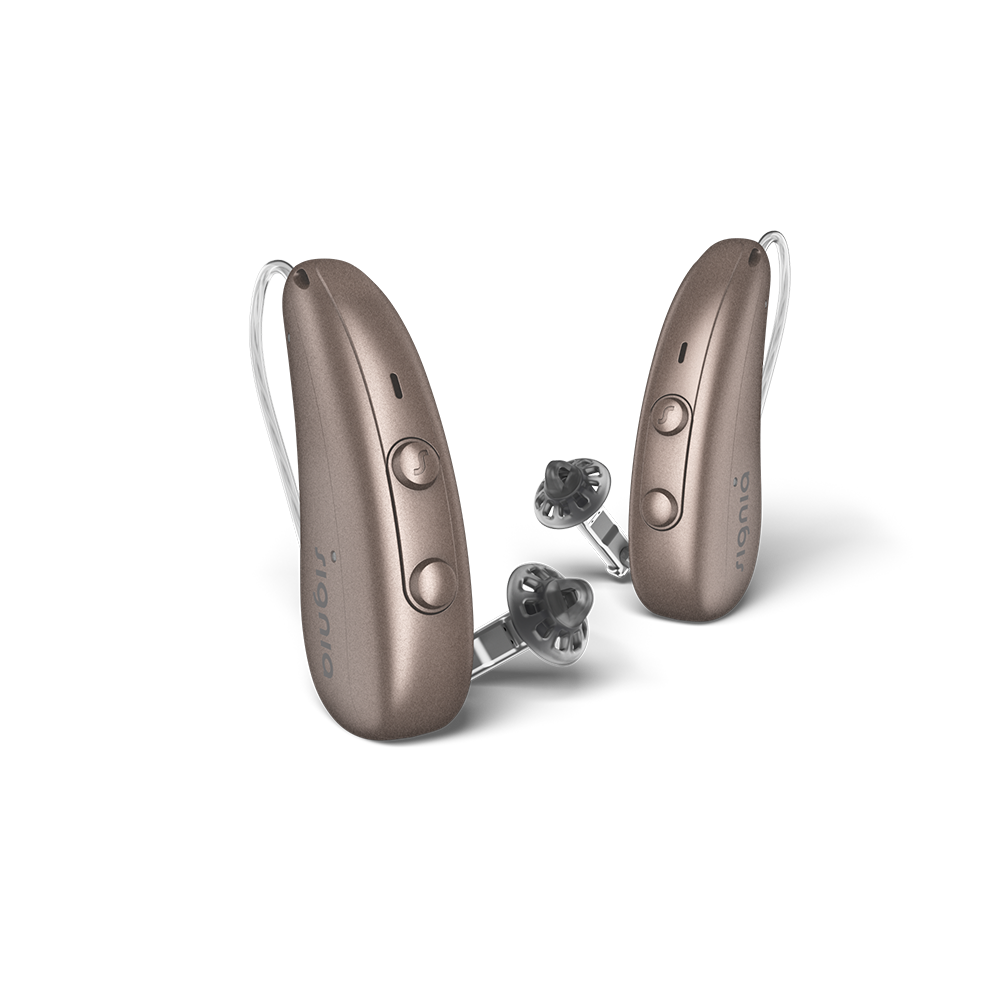 Signia IX Pure RIC hearing aids in Sandy Brown